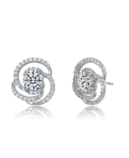 White Gold Plated with Cubic Zirconia Solitaire Love Knot Swirl Stud Earrings