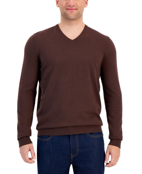 Men's Solid V-Neck Cotton Sweater, Created for Macy's