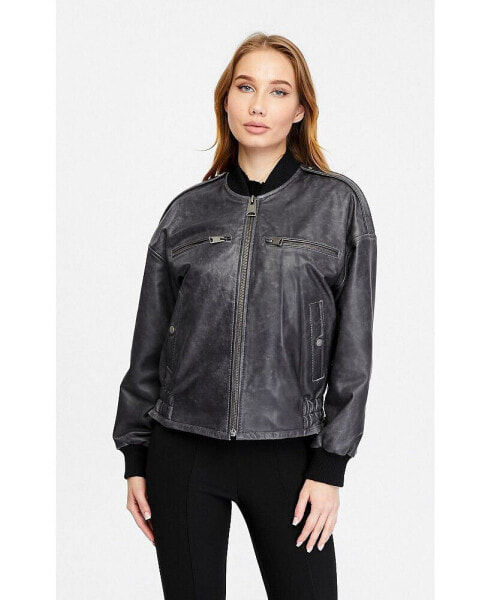 Women's Leather Bomber Jacket, Black