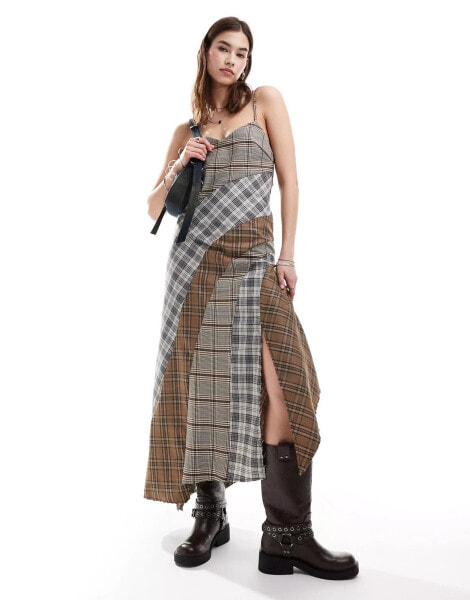 Reclaimed Vintage spliced asymmetric dress in mixed checks