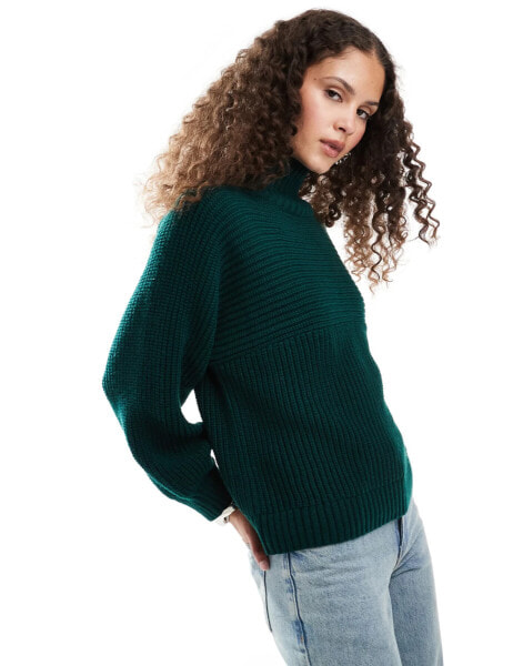 Monki Libby high neck knitted rib jumper in forest green