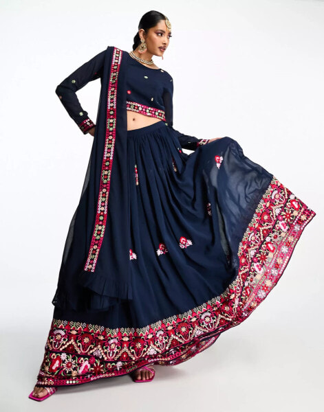 Nesavaali lahenga embroidered full maxi skirt in navy