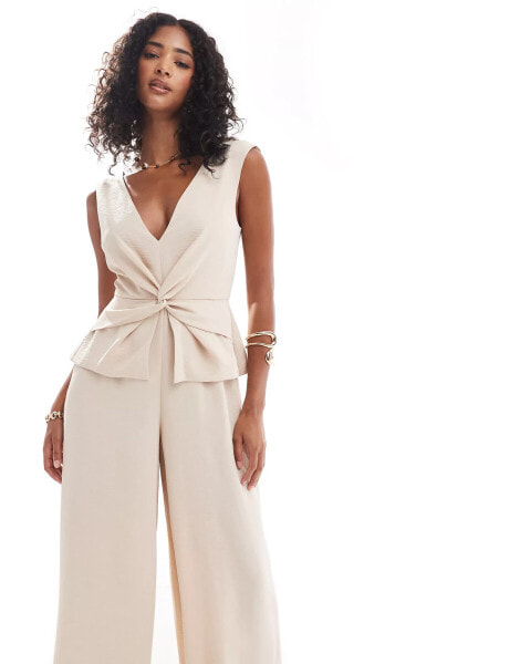 ASOS DESIGN v neck wrap waistcoat jumpsuit in oatmeal