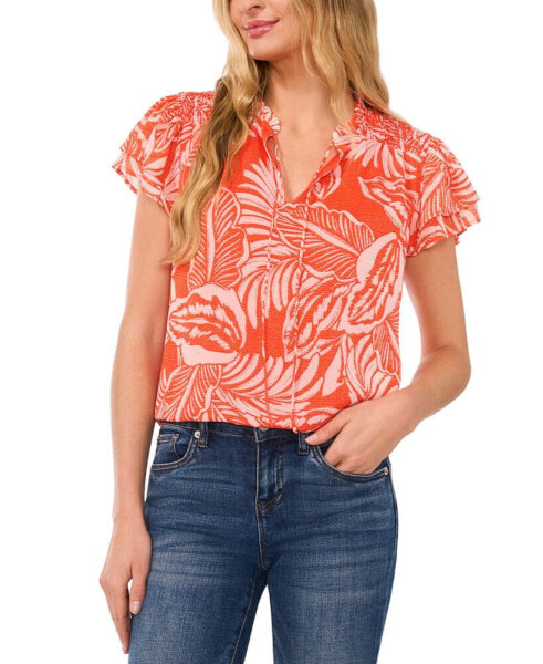 Women's Tropical-Print Tie-Neck Flutter-Sleeve Blouse