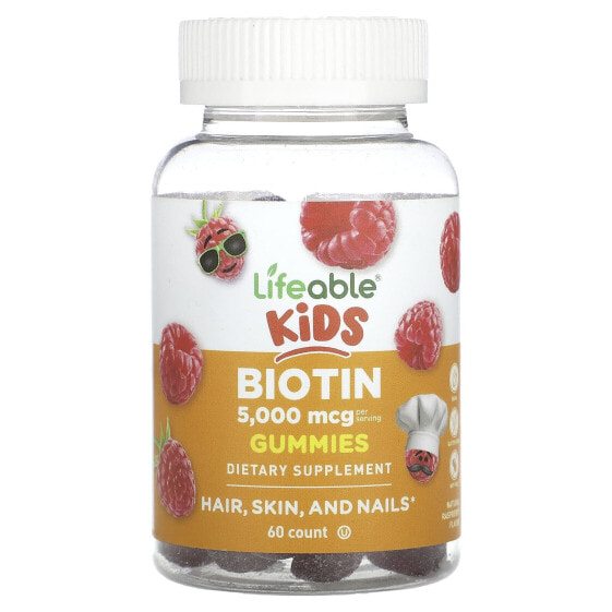 Kids Biotin Gummies, Natural Raspberry, 5,000 mcg, 60 Gummies (2,500 mcg per Gummy)