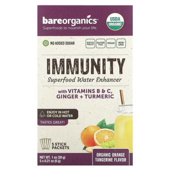 BareOrganics, Immunity, Superfood Water Enhancer, органический апельсин и мандарин, 5 пакетиков в стиках по 6 г (0,21 унции)