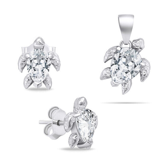 Playful silver jewelry set with zircons Turtle SET233W (earrings, pendant)