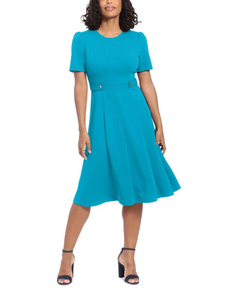 Women's Puff-Sleeve Tab-Detail Fit & Flare Dress