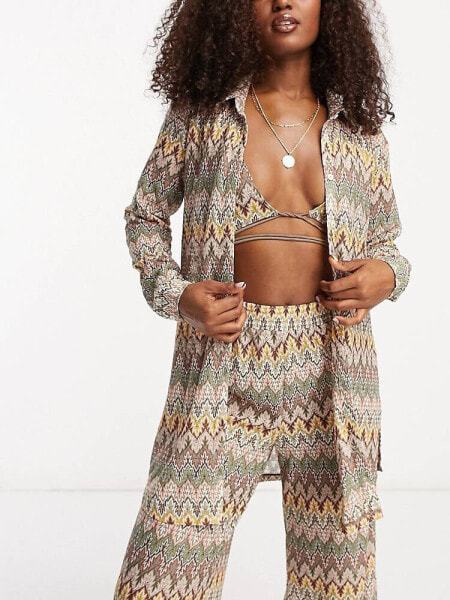 South Beach co-ord oversized beach shirt in embroidered multi print 