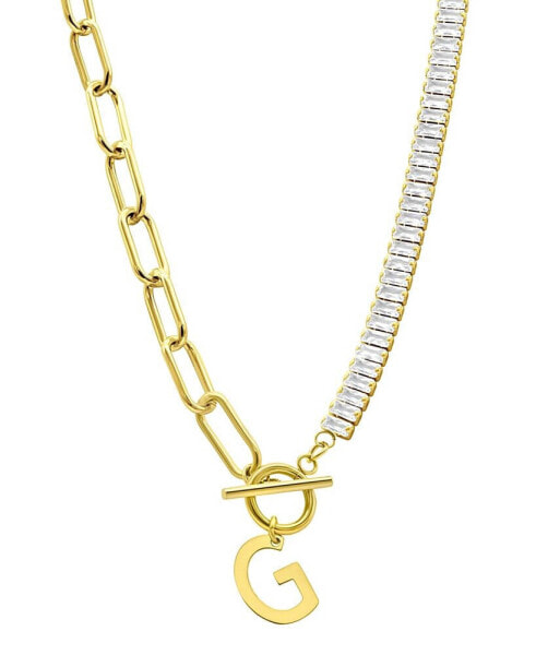 14K Gold-Plated Half Crystal and Half Paperclip Initial Toggle Necklace