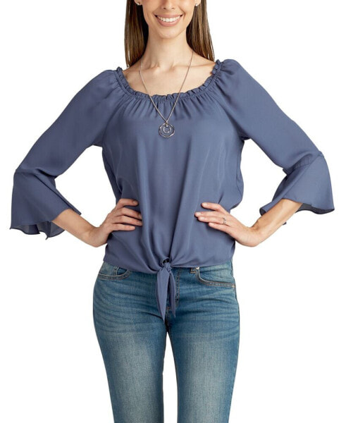 Juniors' Bell-Sleeve Tie-Hem Peasant Top