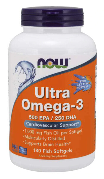 NOW Foods, ультра омега-3, 500 ЭПК / 250 ДГК, 180 мягких таблеток из рыбьего желатина