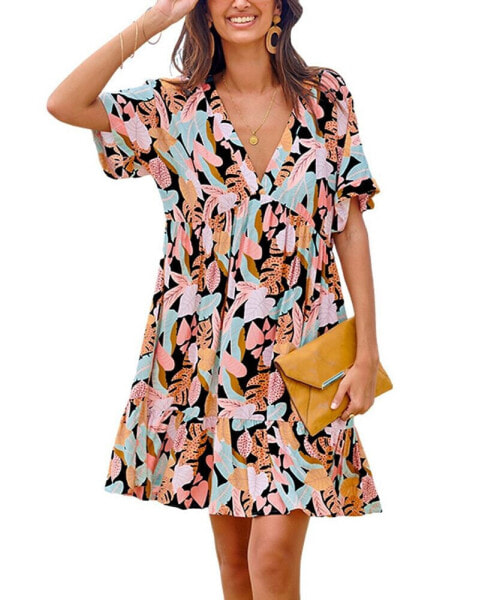 Women's Tropical Leaf Short Sleeve Flounce Hem Mini Beach Dress