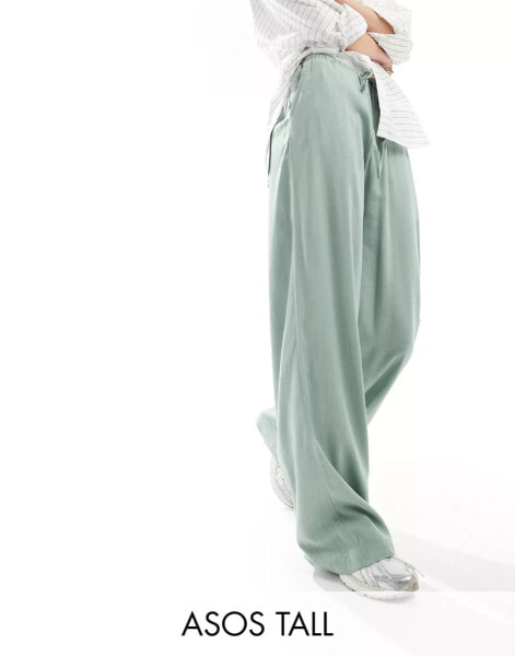 ASOS DESIGN Tall wide leg pull on trouser with linen in green