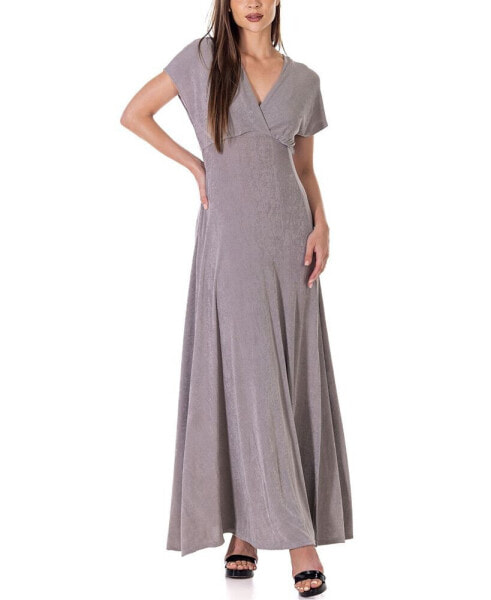 Flutter Sleeve Metallic Knit Maxi Dress