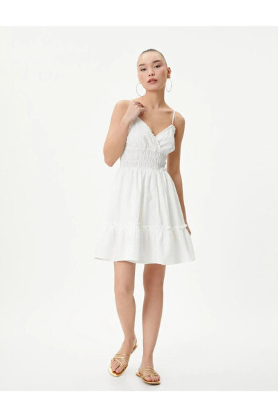 V Yaka Beyaz Mini Kadın Elbise 4SAL80049IW