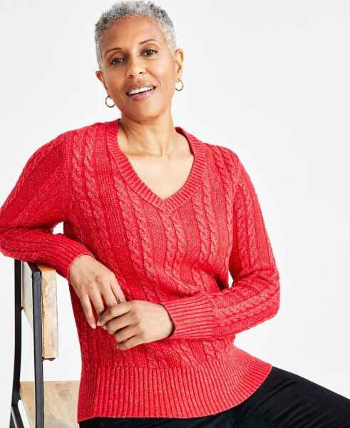 Women's V-Neck Shine Cable-Knit Long-Sleeve Sweater, Regular & Petite, Created for Macy's