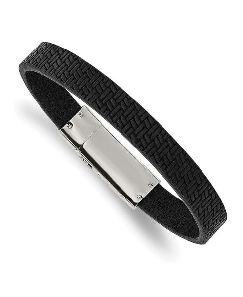 Stainless Steel Polished Textured Black Leather Bracelet