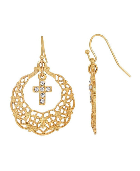 14K Dipped Hoop Crystal Cross Drop Earrings