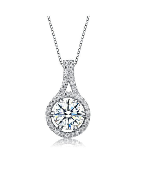 Sterling Silver with Rhodium Plated Round Cubic Zirconia Drop Pendant Necklace