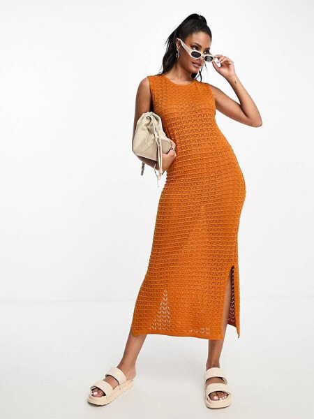 Vero Moda Aware crochet midi dress in burnt orange 