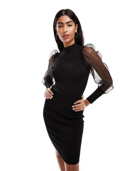 French Connection knitted midi dress with organza sleeve in black