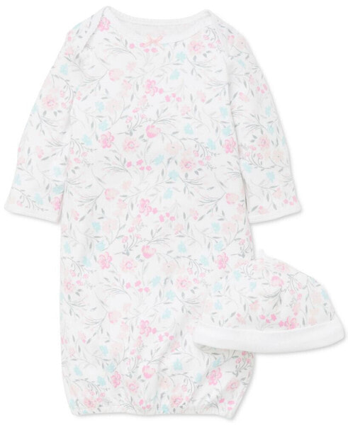 Baby Girls Cotton Floral Print Hat and Gown, 2 Piece Set