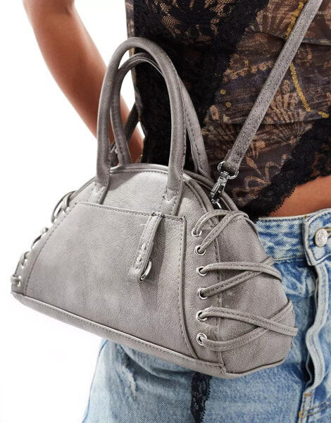 Bershka fringe detail handbag in washed grey