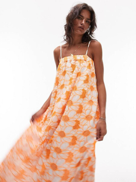 Topshop broderie strappy chuck on midi dress in orange floral