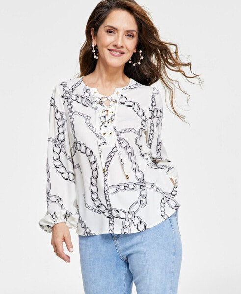 Petite Long-Sleeve Lace-Up Blouse, Created for Macy's