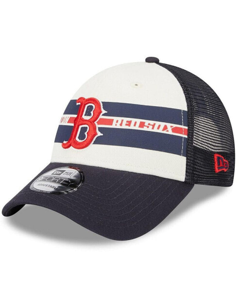 Men's White, Navy Boston Red Sox Team Stripe Trucker 9FORTY Snapback Hat