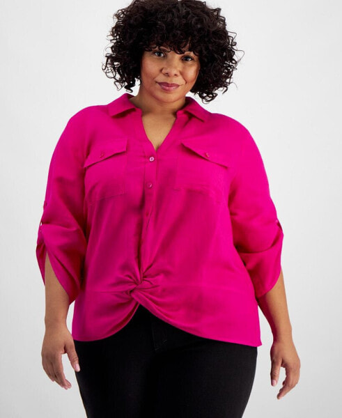 Plus Size Linen Twist-Hem Shirt, Created for Macy's