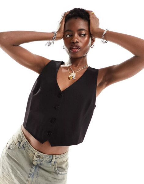 Mango v-neck cropped waistcoat in black