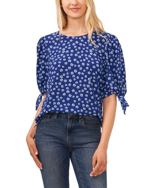 Women's Printed 3/4-Tie Sleeve Crew Neck Blouse