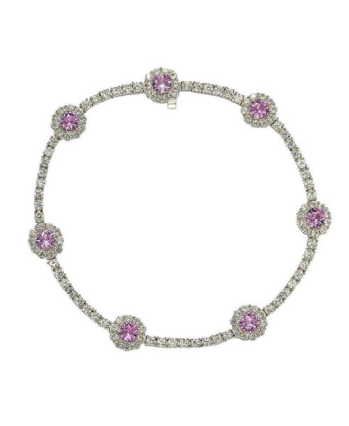 Pink Sapphire & Lab-Grown White Sapphire Round Halo Pave Tennis. Bracelet in Sterling Silver