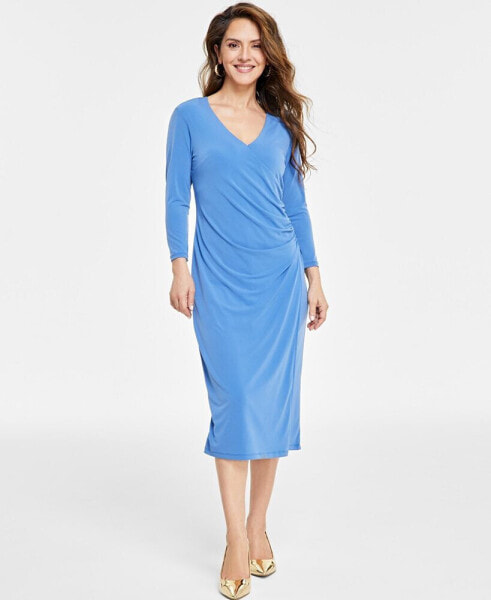 Petite Surplice-Neck Faux-Wrap Dress, Created for Macy's