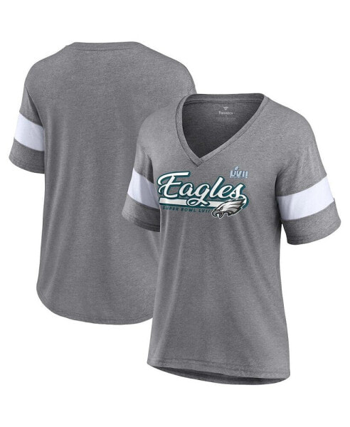 Women's Heather Gray Philadelphia Eagles Super Bowl LVII Raise The Bar Tri-Blend Half-Sleeve V-Neck T-shirt