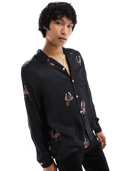 AllSaints Goodluck long sleeve print shirt in black