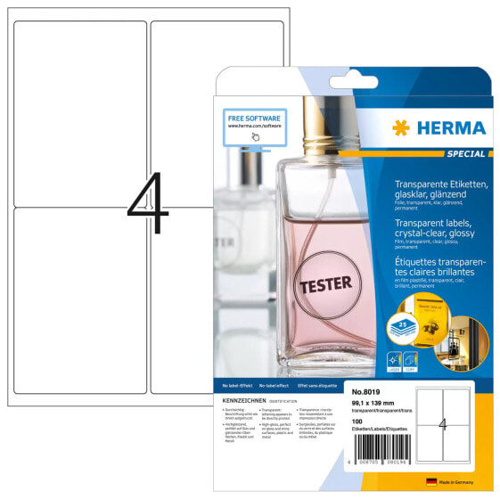 HERMA Labels transparent crystal-clear A4 99.1x139 mm transparent clear film glossy 100 pcs. - Transparent - Self-adhesive printer label - A4 - Laser - Permanent - Gloss