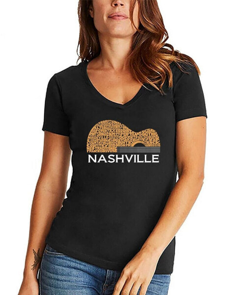 Women's Nashville Guitar Word Art V-neck T-shirt