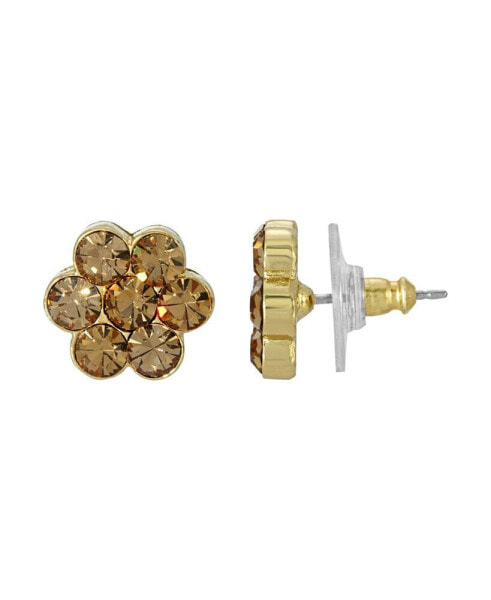 Light Brown Crystal Flower Button Earrings