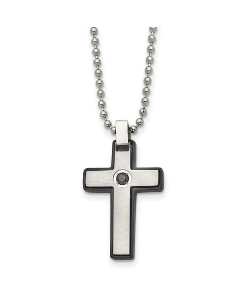 Brushed Black IP-plated CZ Cross Pendant Ball Chain Necklace
