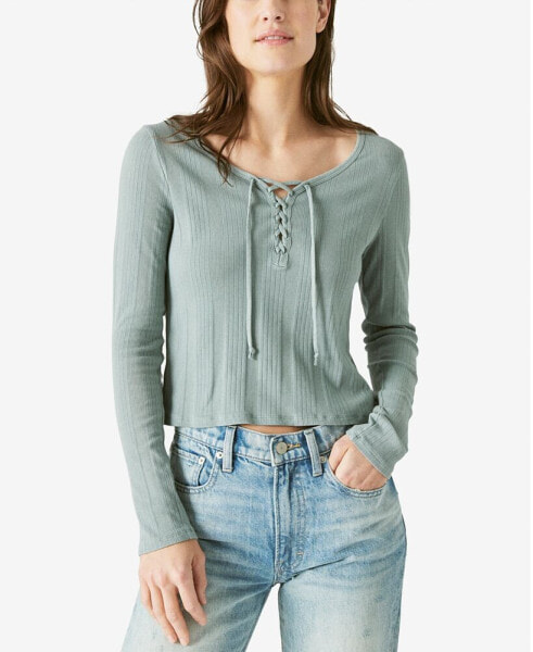 Ribbed Lace-Up Long-Sleeve Top