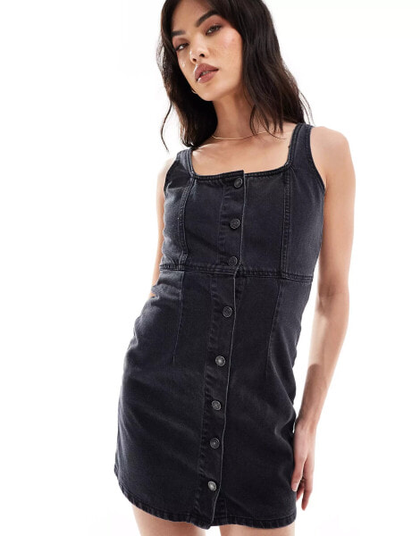 DTT denim button front mini dress in black