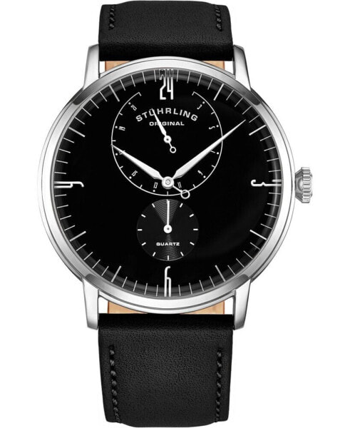 Men's Black Genuine Leather Strap Watch 42mm