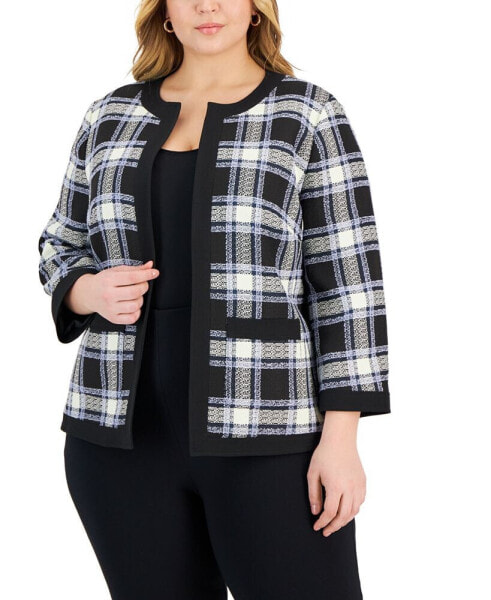 Plus Size Tweed Open Front Jacket