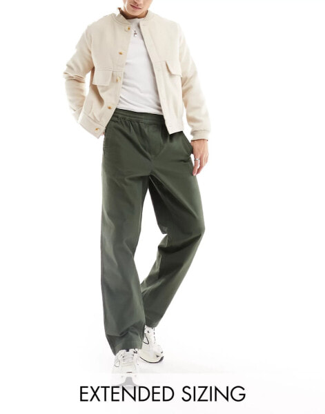 ASOS DESIGN relaxed pull on trouser in khaki with elasticated waist