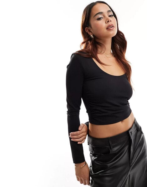 Stradivarius scoop neck long sleeve top in black