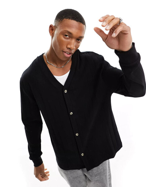 ASOS DESIGN long sleeve relaxed ribbed baseball shirt in black