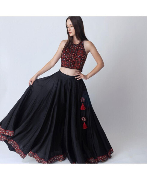 Women's Full Flare Palazzo Pants with Hand Embroidered Halter Crop Top